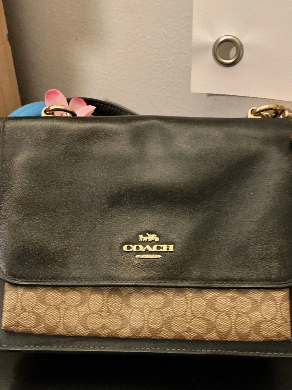 Coach KLARE Black Leather & Tan Signature Crossbody Bag